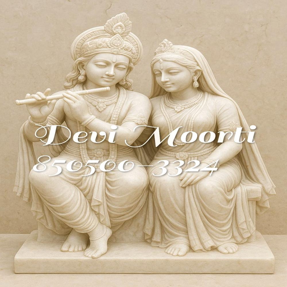 Sitting Marble Radha Krishna Jugal Idol - Hand-Carved Marble Murti