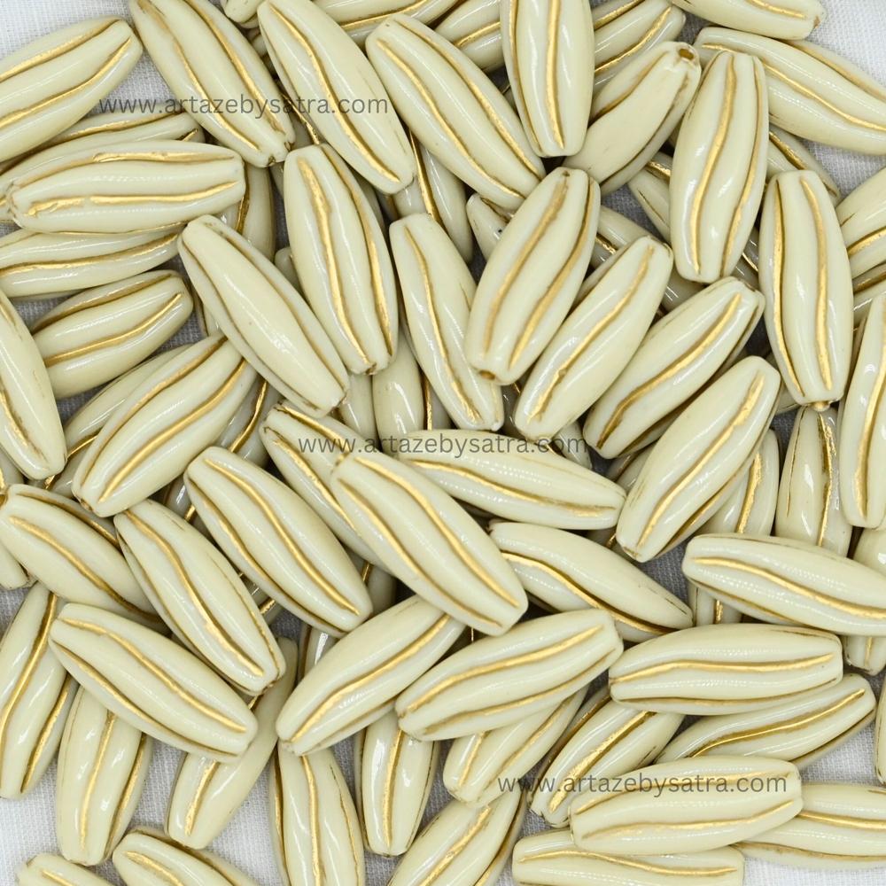 Rice Shape Gold Striped Spacer Beads | Size : 25mm