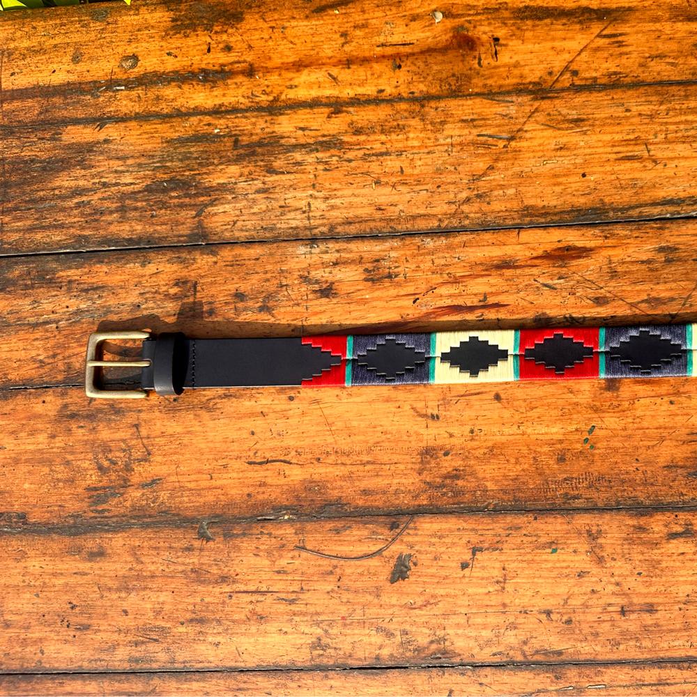 Recycle Waxy Thread Red Navy Vintage Leather Polo Belt - Buckle Material: Brass