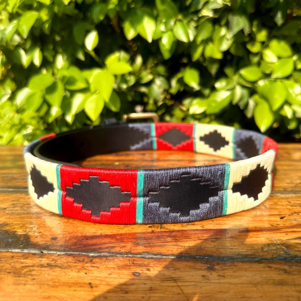 Recycle Waxy Thread Red Navy Vintage Leather Polo Belt - Buckle Material: Brass