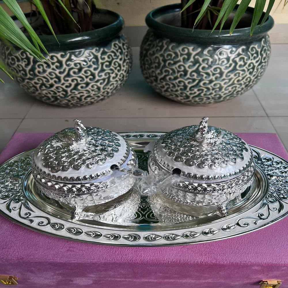 Beautiful enamel twin peacock box with spoon and oval tray set