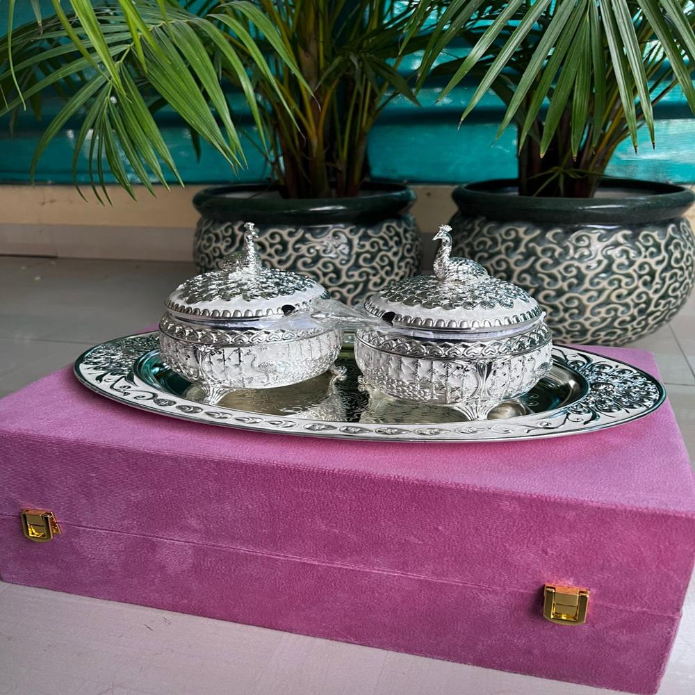 Beautiful enamel twin peacock box with spoon and oval tray set