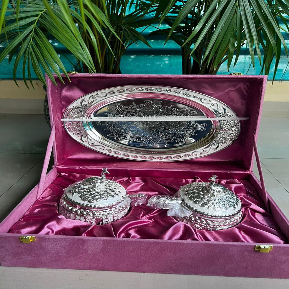 Beautiful enamel twin peacock box with spoon and oval tray set