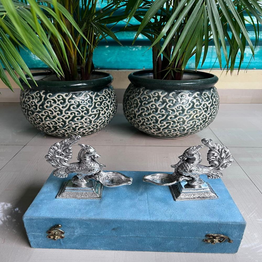 Peacock Antique Deepam In Box - Color: Silver
