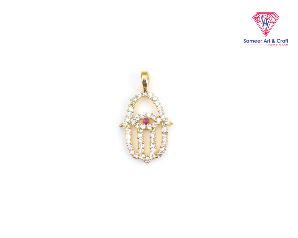 Brass With Gold Plated 21 X 13 Mm Cubic Zirconia Hamsa Hand Charm Pendant