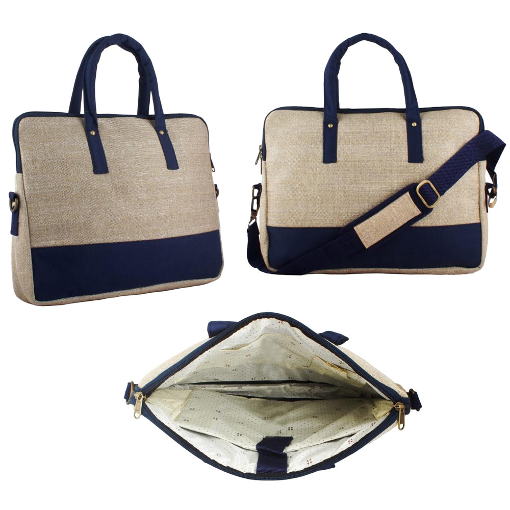 Jute And Canvas Laptop Bag - Color: Multi Colour