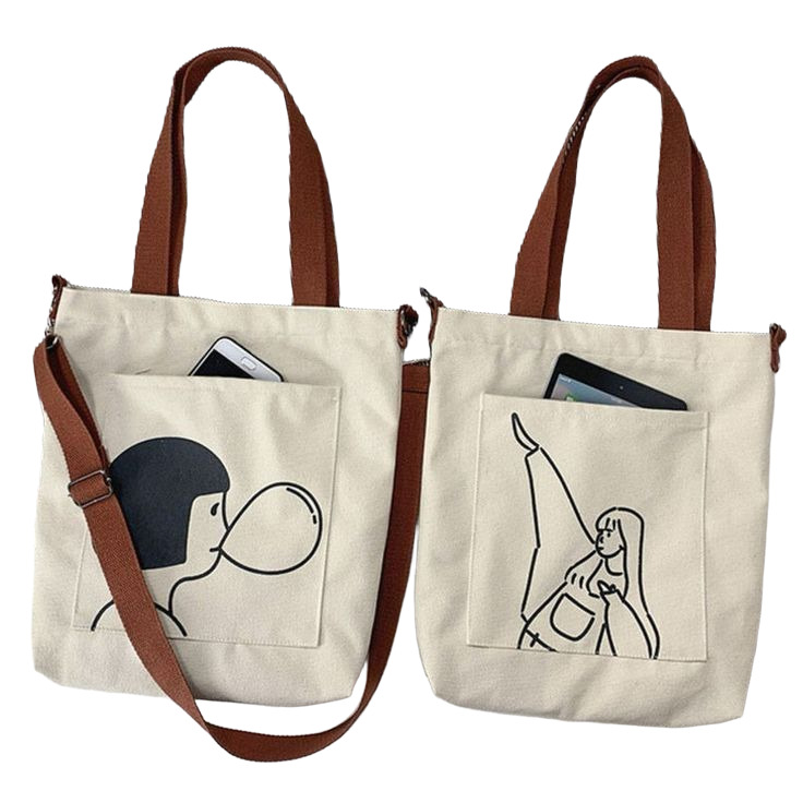 Pair Of Canvas Tote Bags With A Graphic Print - Color: Multi Colour