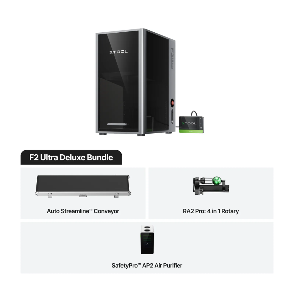 Xtool F2 Ultra (single) Deluxe Bundle - Metal, Plastic, Wood Engraver 220x220mm, 20w+2w Dual Laser, Autofocus, Enclosed Safety Design