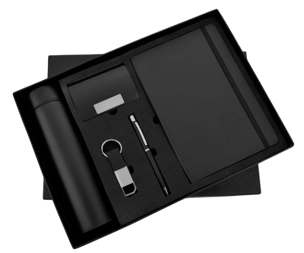 5 In 1 Combo Gift Set With Pen Diary Vaccum Mug Bottle And Keychain - Color: Black