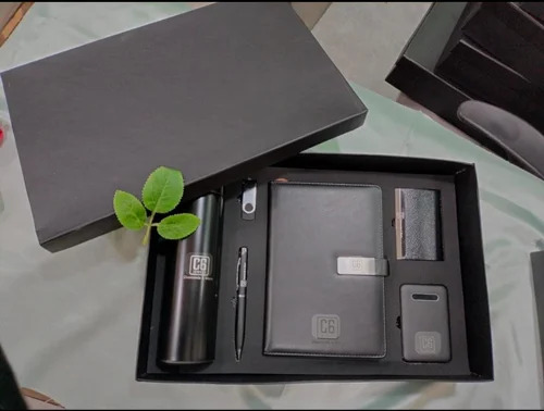 6 In 1 Combo Gift Set With Pen Diary Bottle Mug Card Holder And Keychain - Color: Black