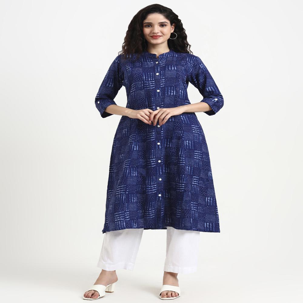 Divena Indigo Blue Geometric Print Rayon Kurta