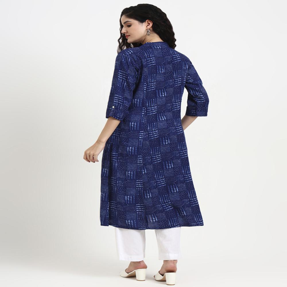 Divena Indigo Blue Geometric Print Rayon Kurta