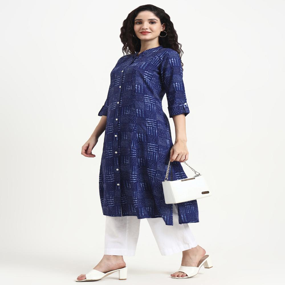 Divena Indigo Blue Geometric Print Rayon Kurta