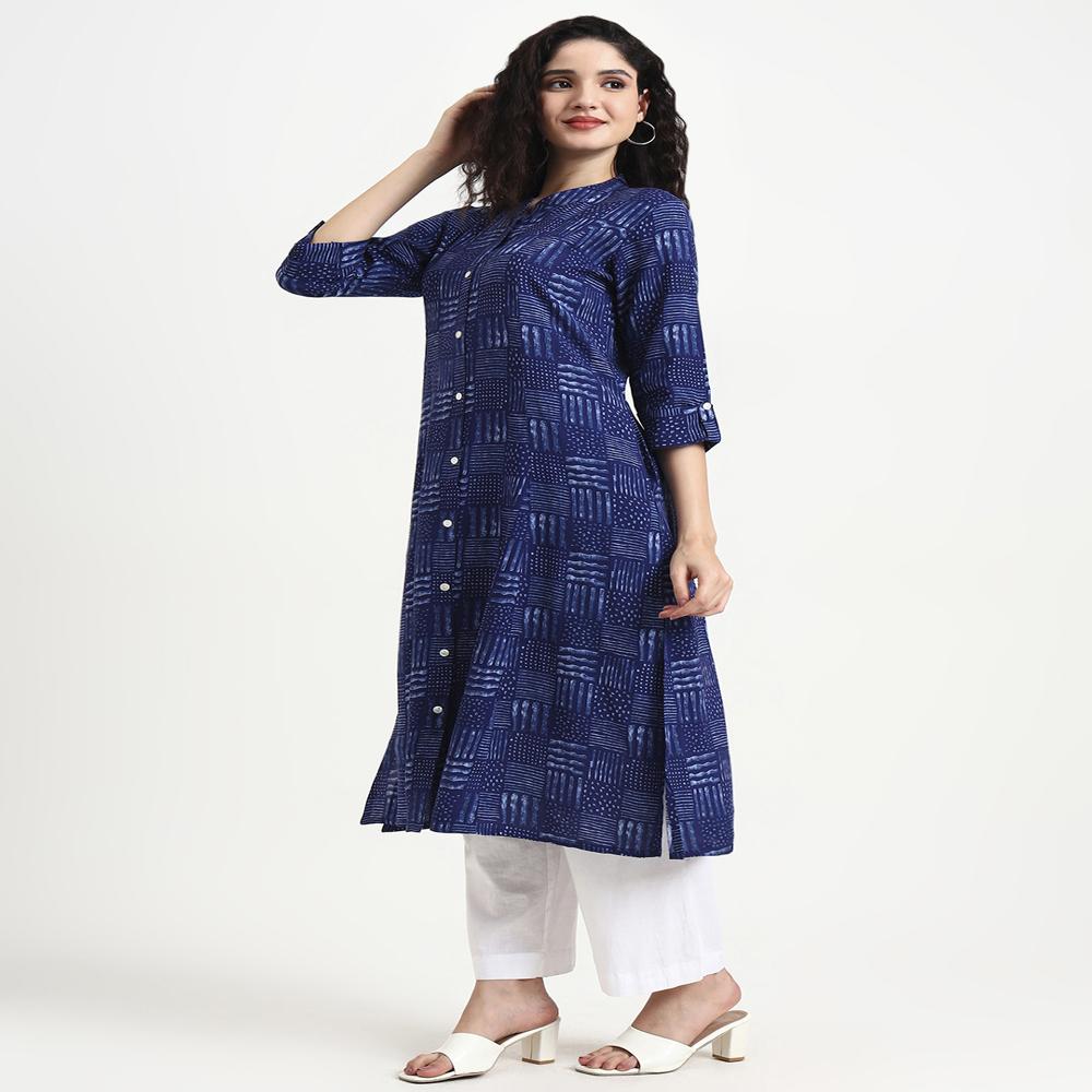 Divena Indigo Blue Geometric Print Rayon Kurta