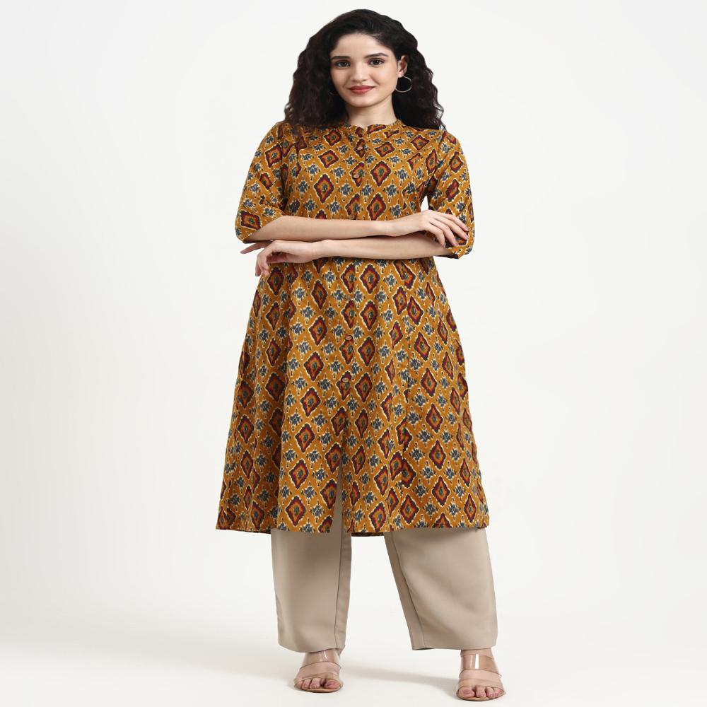 Divena Mustard Ikkat Print Cotton Kurta
