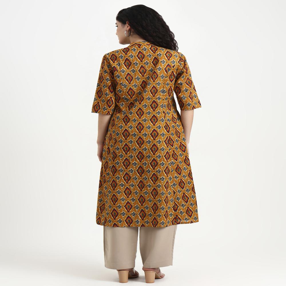 Divena Mustard Ikkat Print Cotton Kurta