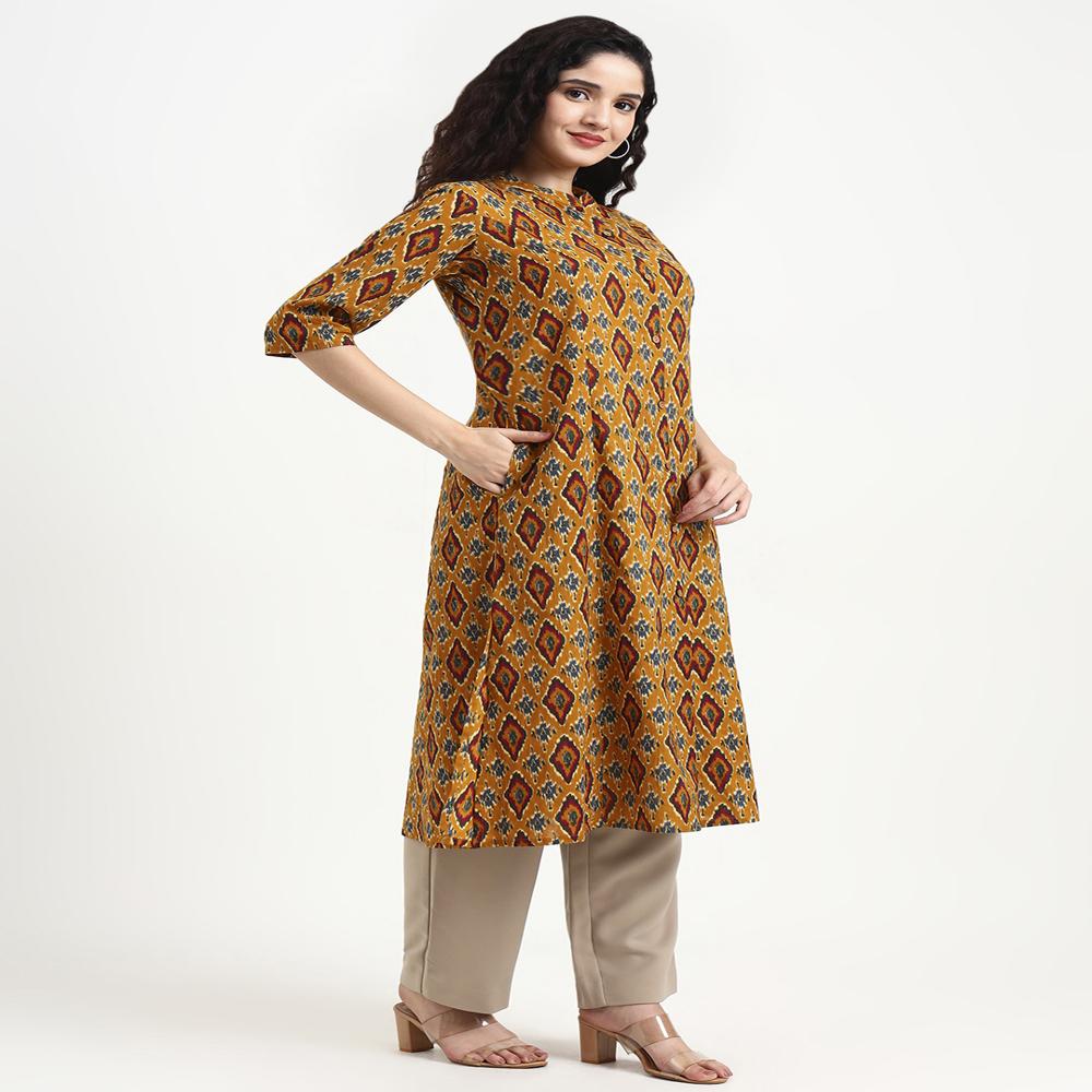 Divena Mustard Ikkat Print Cotton Kurta