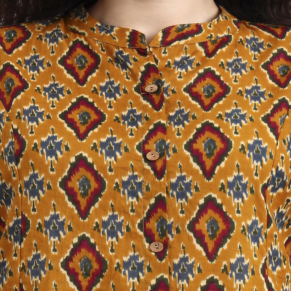 Divena Mustard Ikkat Print Cotton Kurta