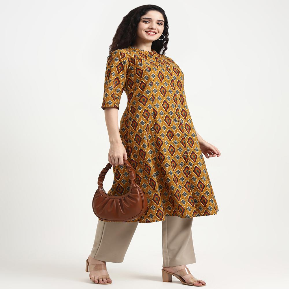 Divena Mustard Ikkat Print Cotton Kurta