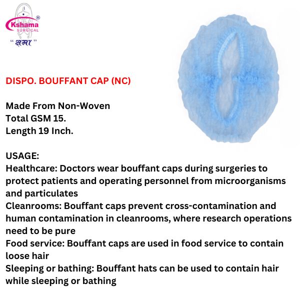 Dispo. Bouffant Cap Pack Of 100 Pcs - Non-woven Material, Length 170-200 Mm, Colors: Green, White, Blue | Disposable, 10-15 Gsm Thickness