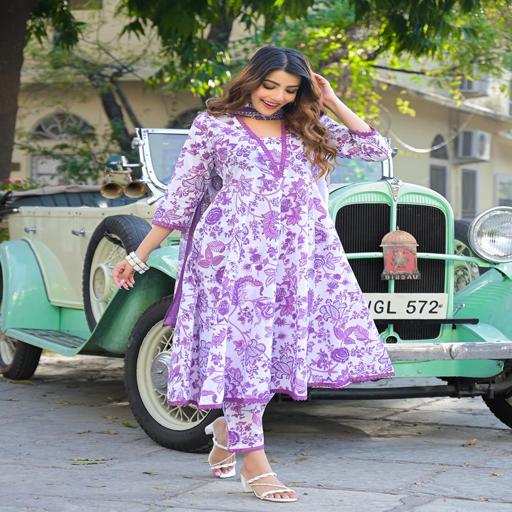 Divena Floral Printed Anarkali Pure Cotton Kurta Pant with Dupatta