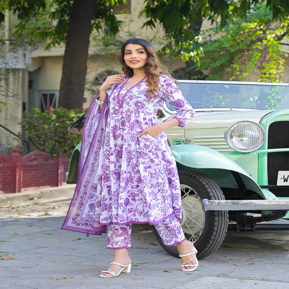 Divena Floral Printed Anarkali Pure Cotton Kurta Pant with Dupatta