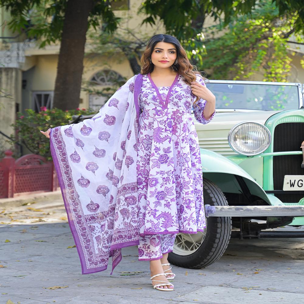 Divena Floral Printed Anarkali Pure Cotton Kurta Pant with Dupatta