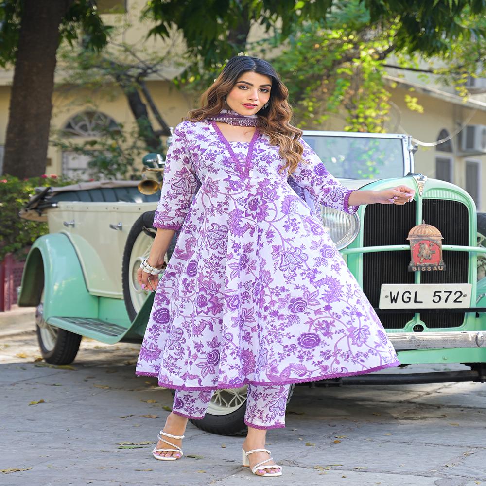 Divena Floral Printed Anarkali Pure Cotton Kurta Pant with Dupatta