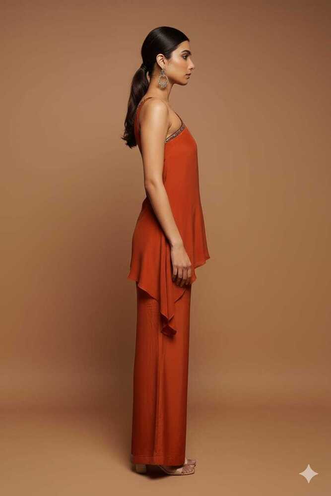 Ladies Silk Off-shoulder Indo-western Dress With Plazo Style - Color:  Orange at Best Price in Noida | Ainaz Studio