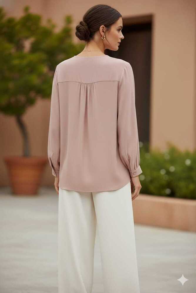 Ladies Imported Crepe V-Neck Full Sleeve Hip-Length Top With Buttons - Design: Plain