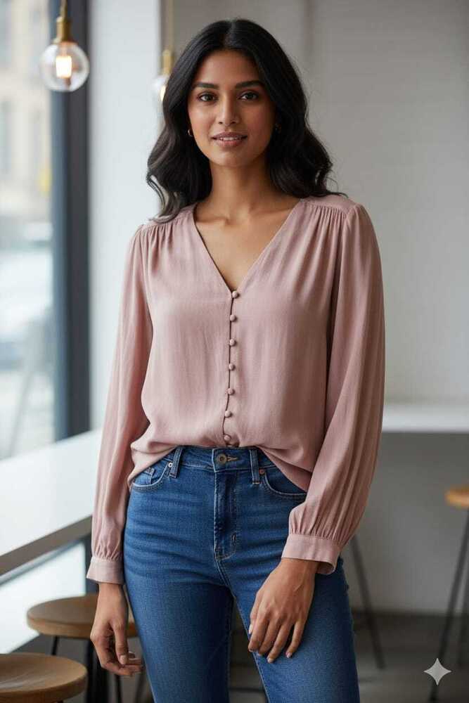 Ladies Imported Crepe V-neck Full Sleeve Hip-length Top With Buttons - Design: Plain