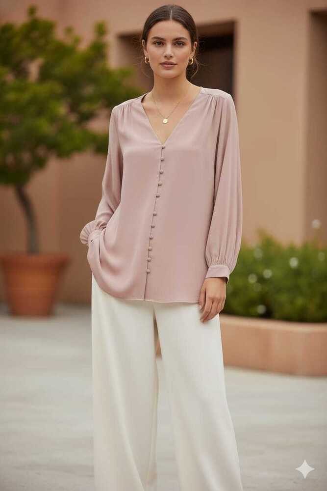 Ladies Imported Crepe V-neck Full Sleeve Hip-length Top With Buttons - Design: Plain