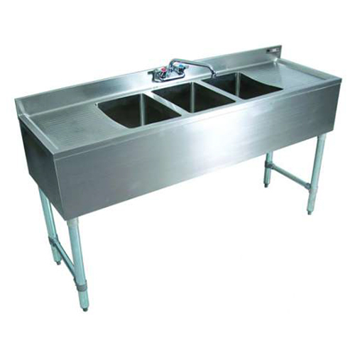 Three Sink Unit With Drain Board - Color: Silver