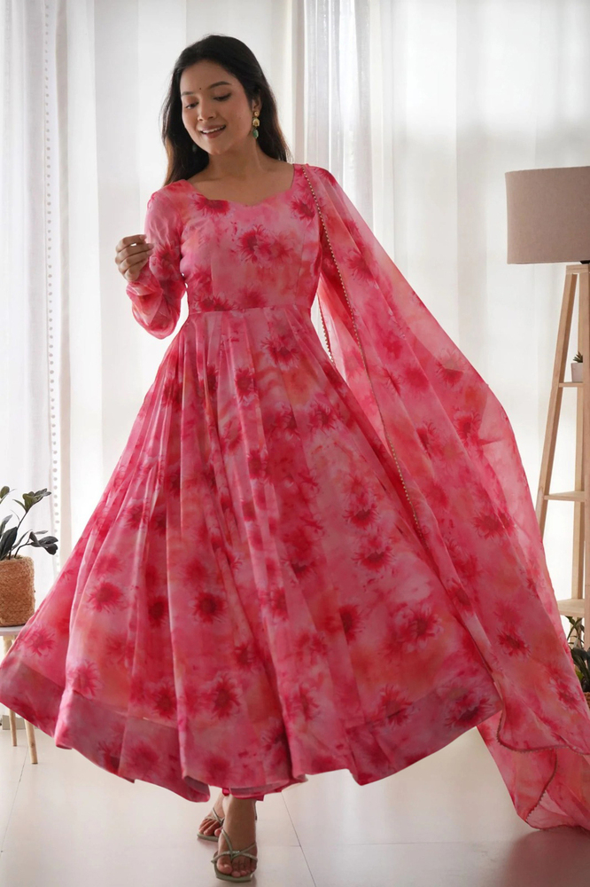 Printed Georgette Stitched Anarkali Gown With Dupatta - Color: Different Available