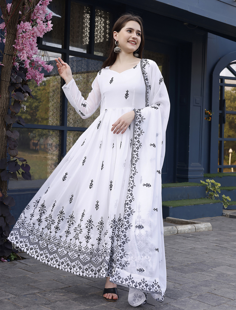Georgette Stitched Anarkali Gown With Dupatta - Color: Different Available