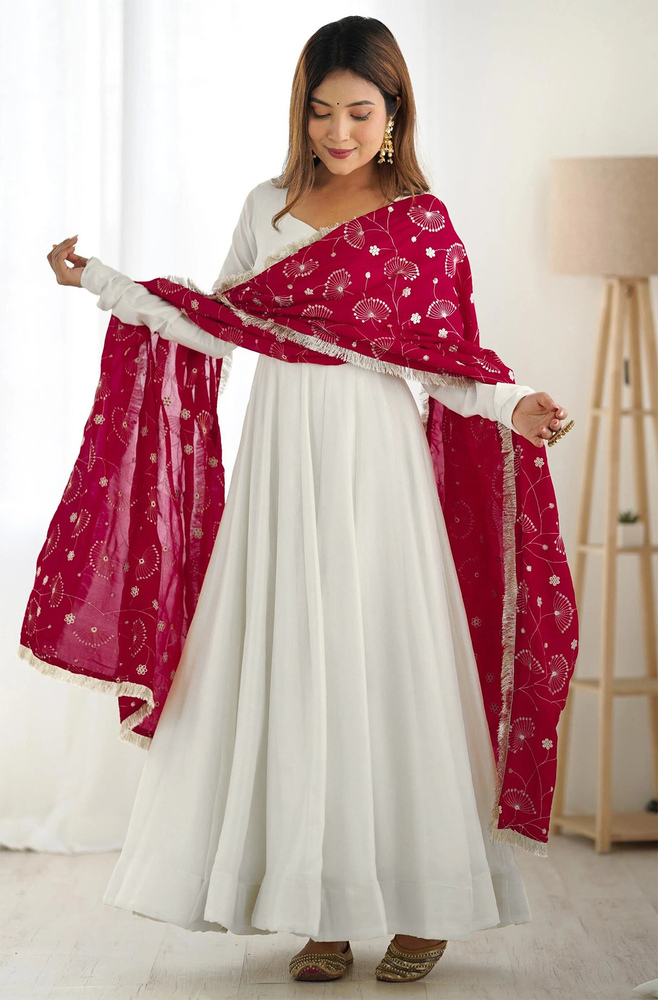 White Color Solid Anarkali Gown With Embroidered Dupatta - Color: Different Available