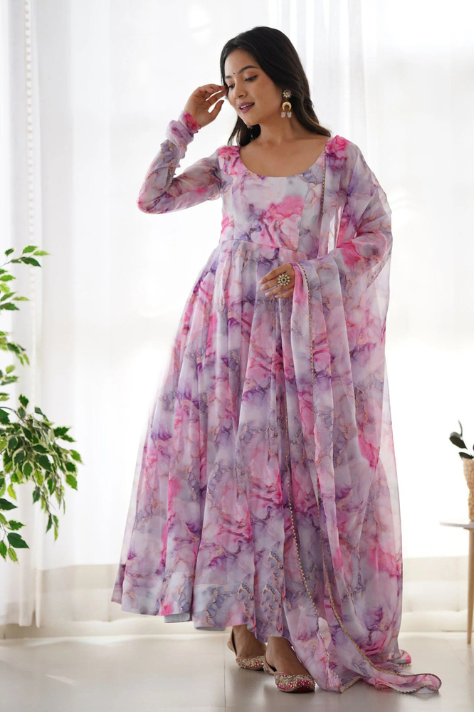 Printed Georgette Stitched Anarkali Gown With Dupatta - Color: Different Available