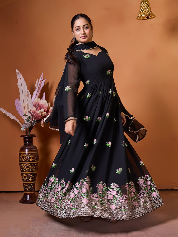 Embroidered Georgette Stitched Anarkali Gown With Dupatta - Color: Different Available