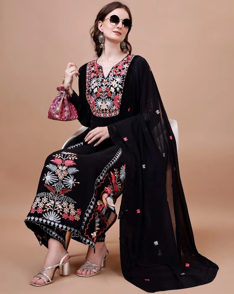 Women Georgette Kurta Palazzo Dupatta Set - Color: Different Available
