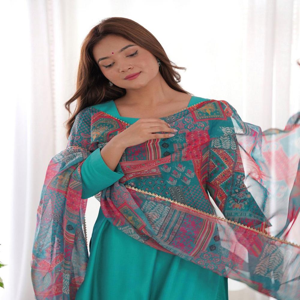 Women Roman Silk Kurta Pant Dupatta Set - Color: Rama