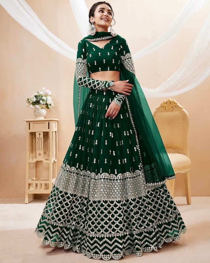 Green Nova Embroidered Semi Stitched Lehenga Choli Dupatta Set - Color: Different Available