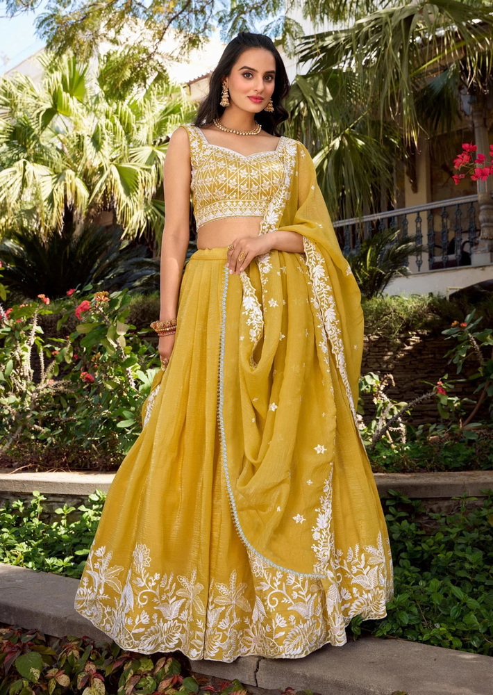 Mustard Color Embellished Semi Stitched Lehenga Choli