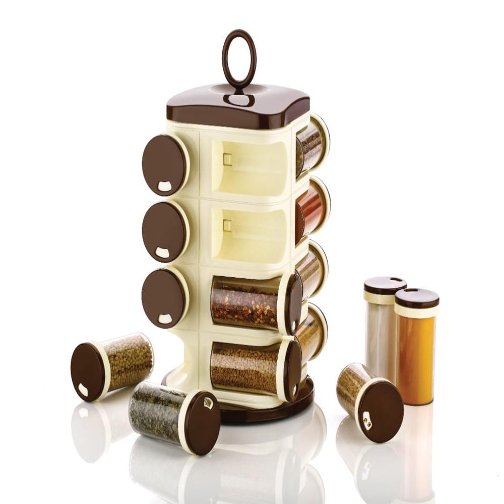 Spice Rack Stylish 16 In 1 - Virgin Plastic & Chrome Coated, 4 Shelves, Silver & Black | Free Standing Design For Kitchen Use