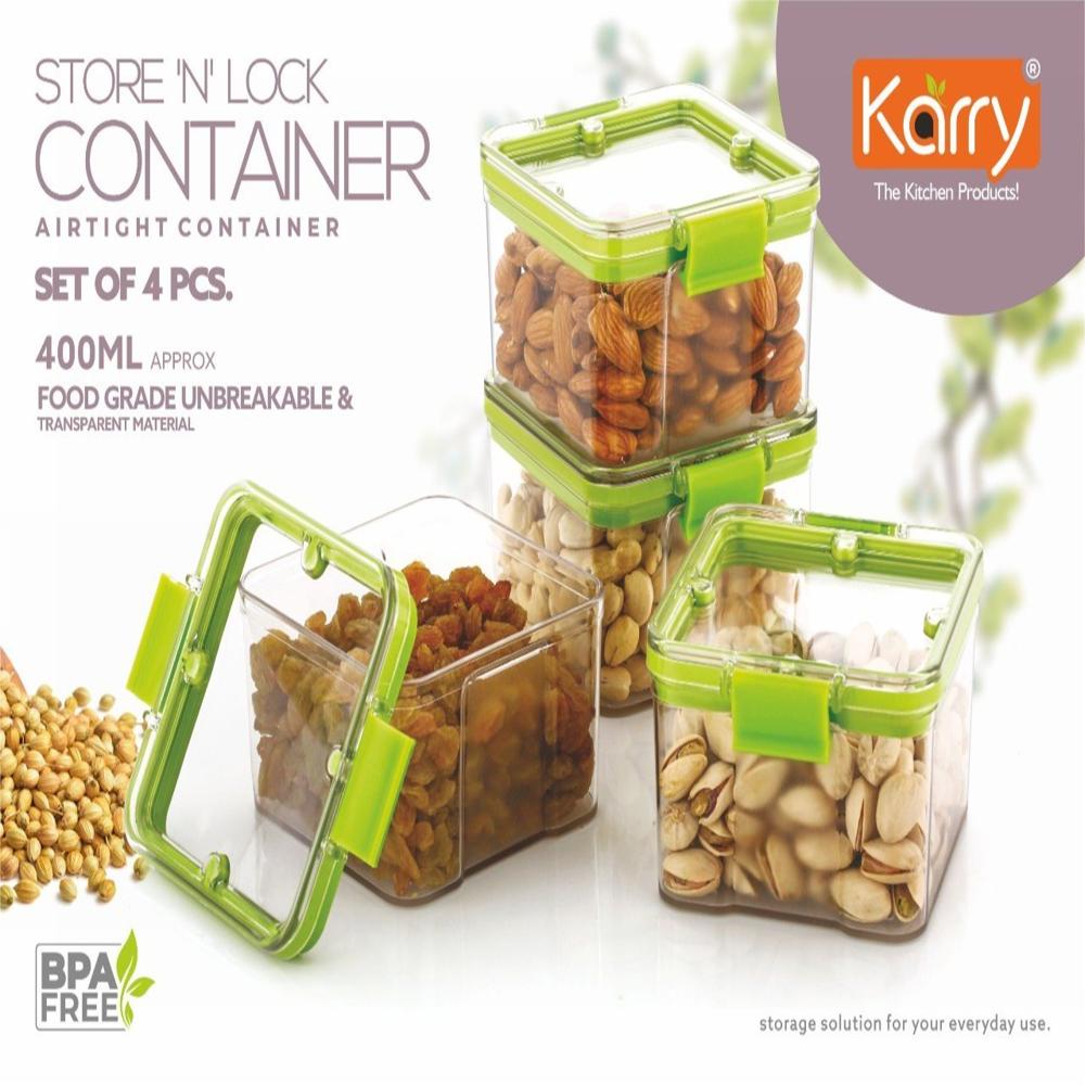 Karry Store 'N' Lock Plastic Airtight Kitchen Cereal Dry Fruits Storage Container 4 Pcs Set 400 ML