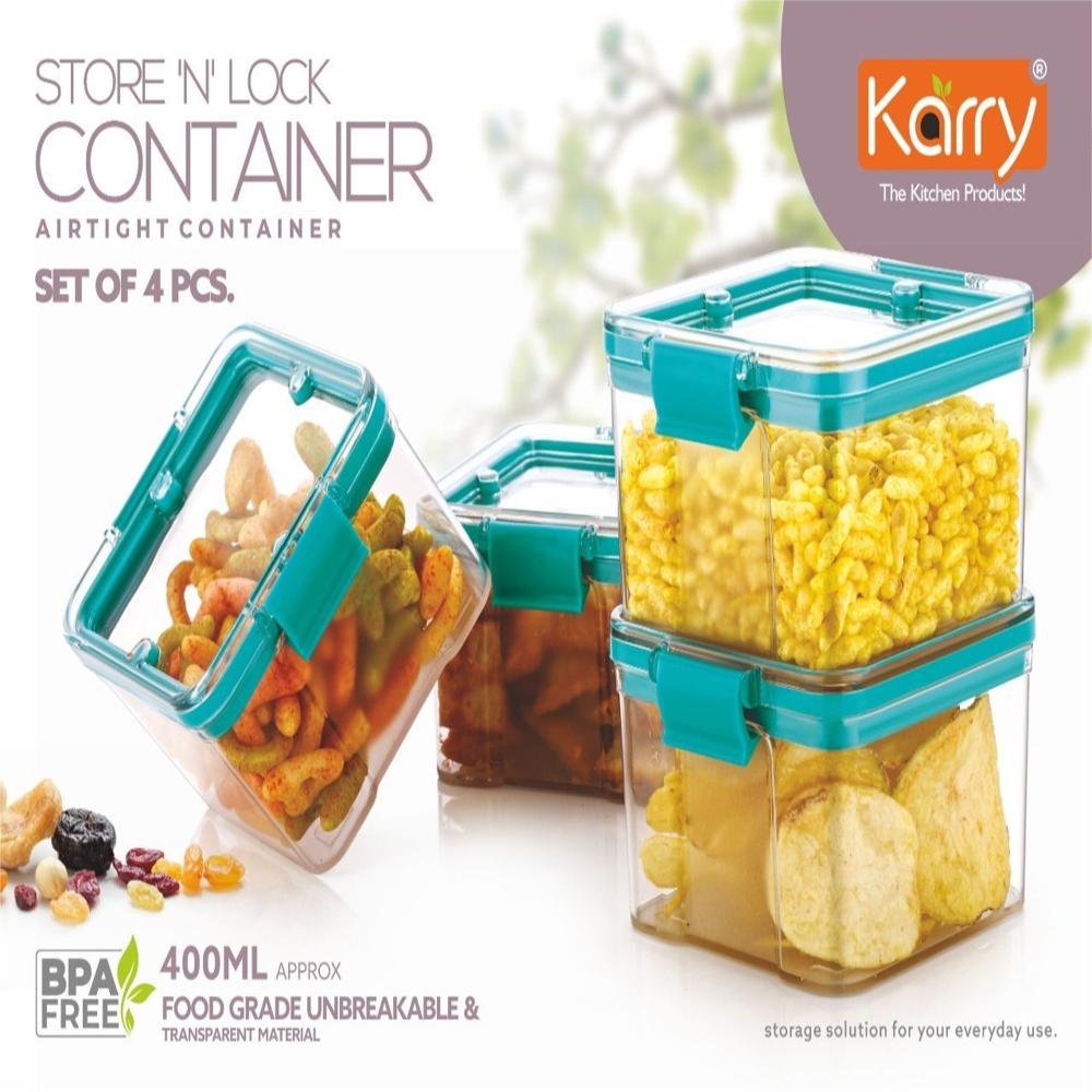Karry Store 'N' Lock Plastic Airtight Kitchen Cereal Dry Fruits Storage Container 4 Pcs Set 400 ML