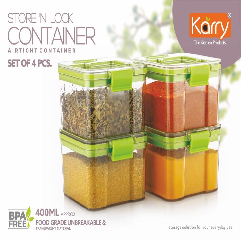 Karry Store 'N' Lock Plastic Airtight Kitchen Cereal Dry Fruits Storage Container 4 Pcs Set 400 ML