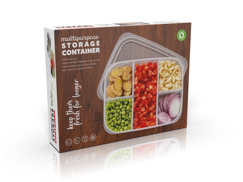 Plastic Multipurpose Storage Airtight Container 5 Compartment - 2000 Ml Capacity, 18x23x8 Cm Dimensions, Transparent Plastic Material