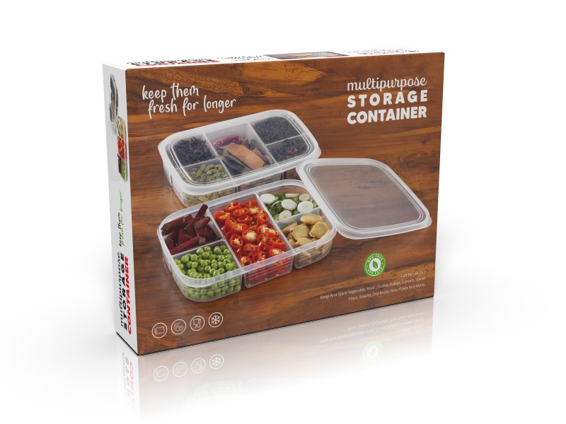 Plastic Multipurpose Storage Airtight Container 5 Compartment - 2000 Ml Capacity, 18x23x8 Cm Dimensions, Transparent Plastic Material