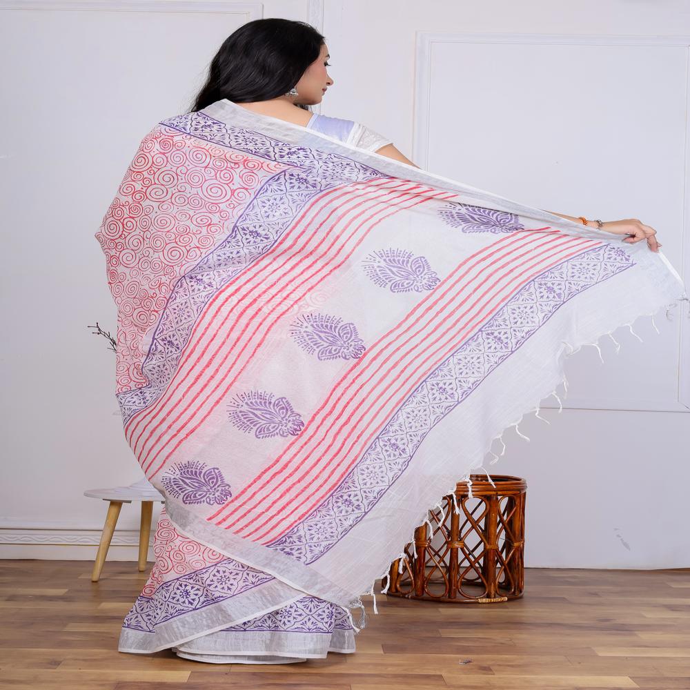 Hand Block Printed Linen Saree - Color: White