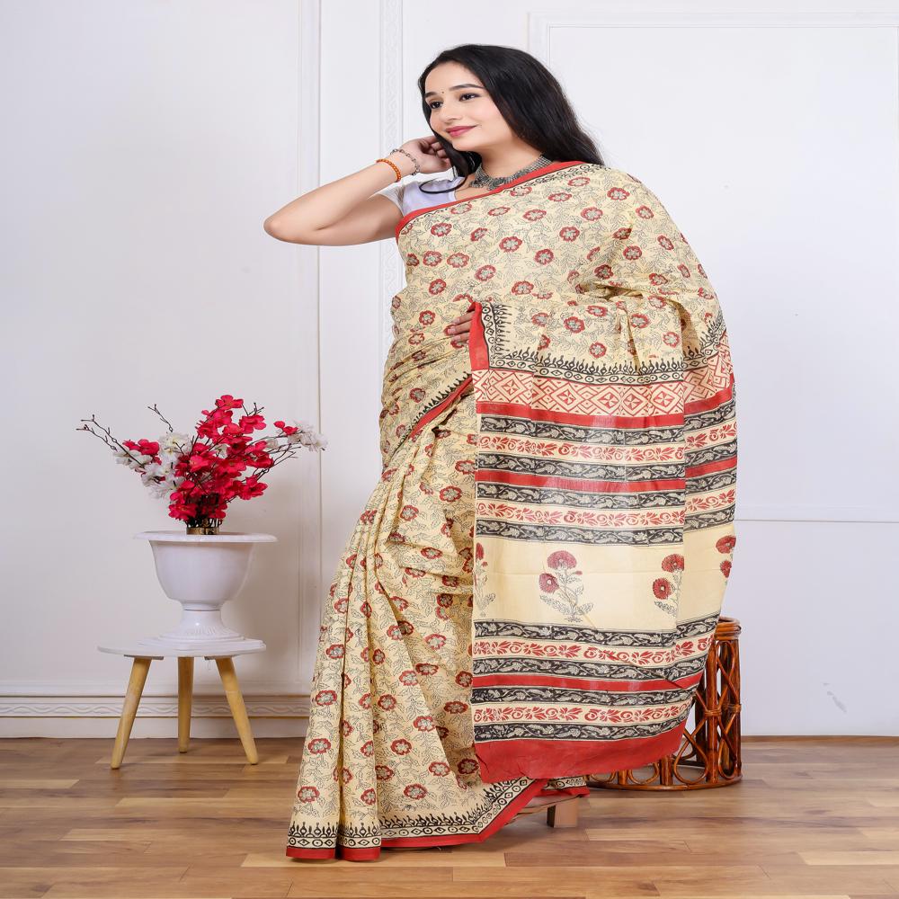 Soft Handblock Printed Cotton Mulmul Saree - Color: Blue